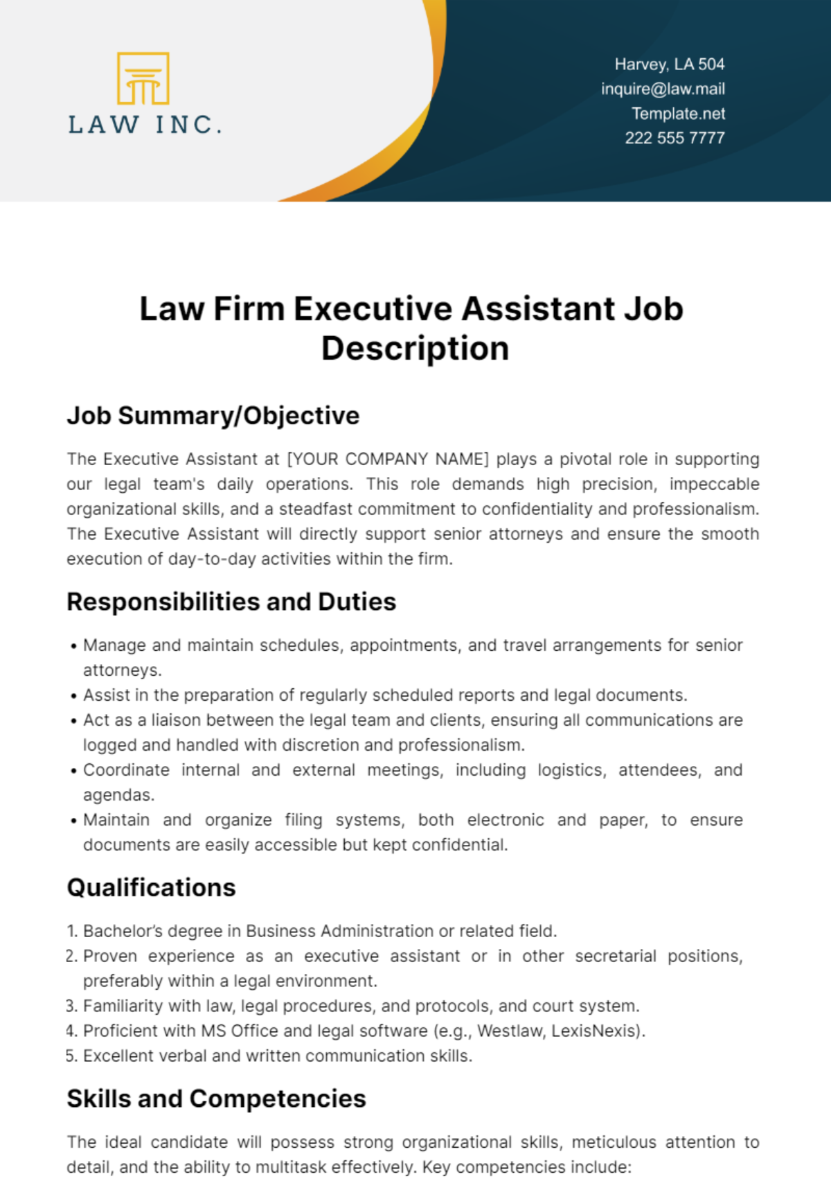 Free Law Firm Executive Assistant Job Description Template