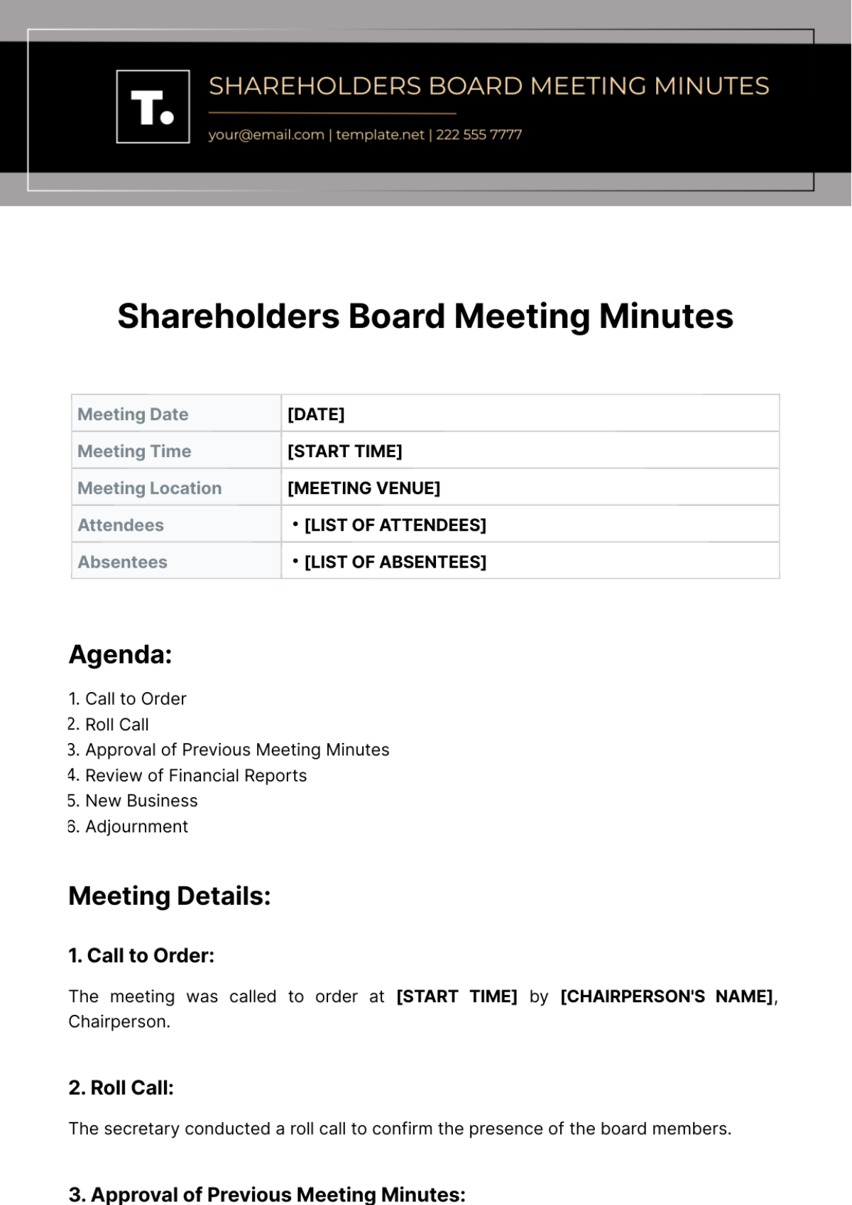 Shareholders Board Meeting Minutes Template - Edit Online & Download