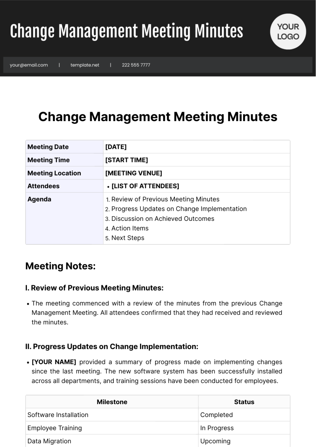 Free Change Management Meeting Minutes Template to Edit Online