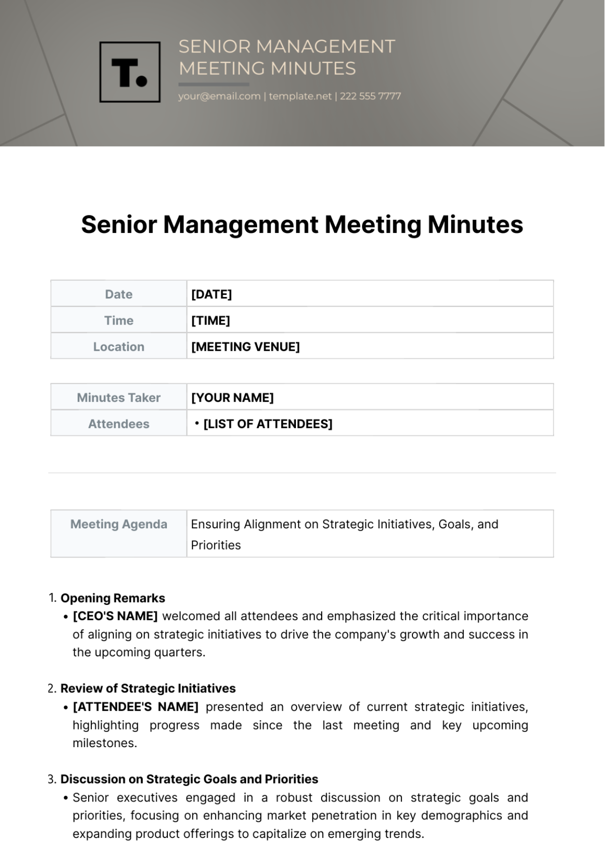 Senior Management Meeting Minutes Template - Edit Online & Download