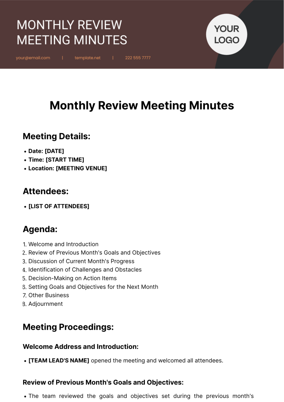 Monthly Review Meeting Minutes Template - Edit Online & Download