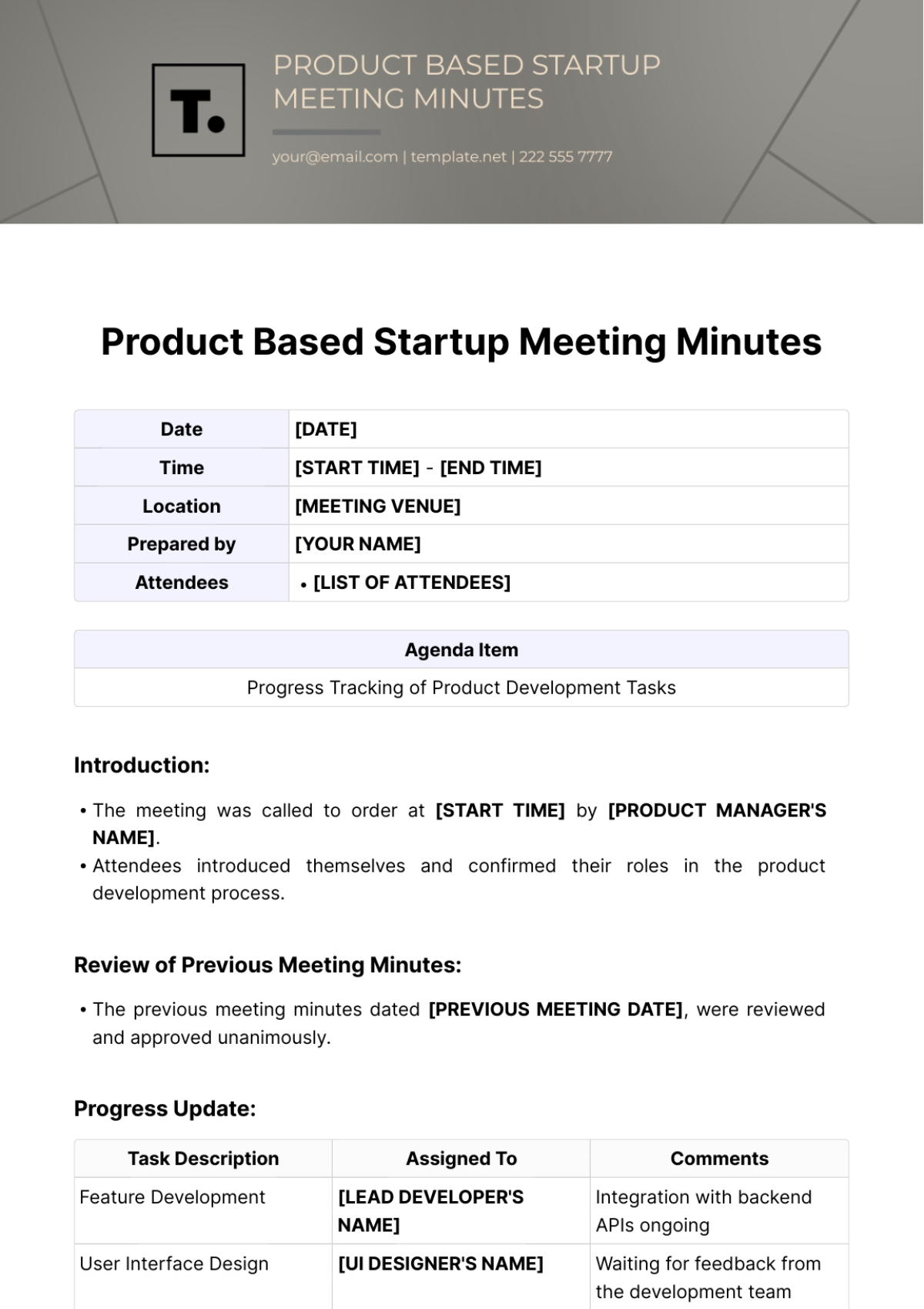 Product Based Startup Meeting Minutes Template - Edit Online & Download