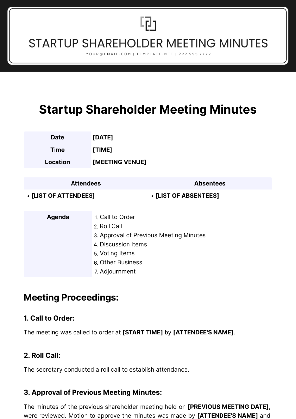 Startup Shareholder Meeting Minutes Template - Edit Online & Download