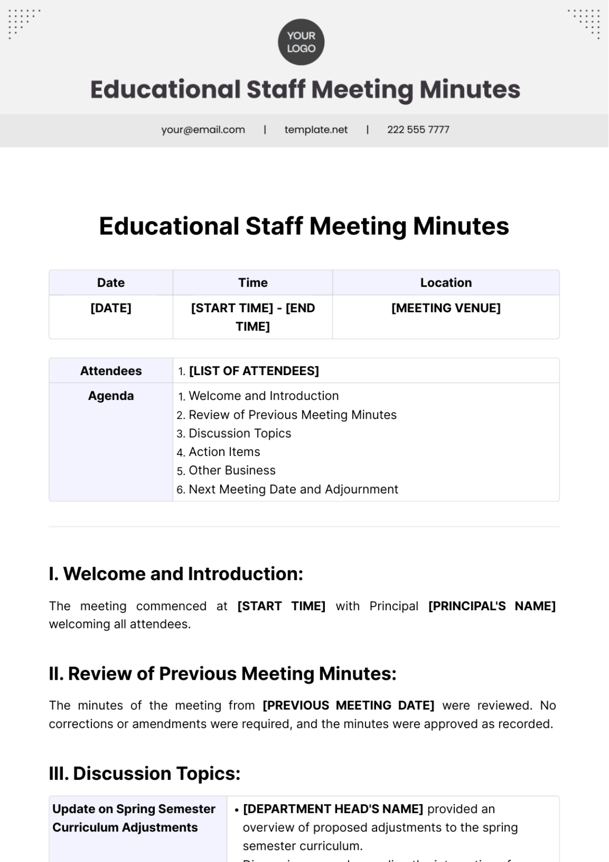 Educational Staff Meeting Minutes Template - Edit Online & Download