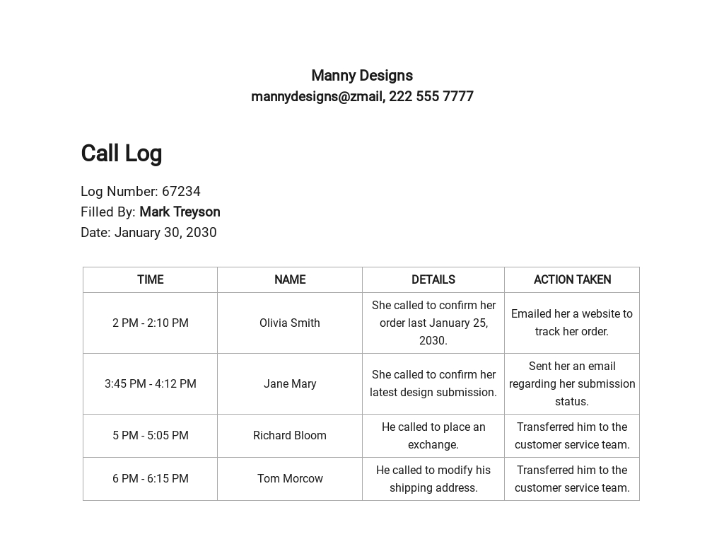 FREE Call Log Template - PDF | Word (DOC) | Excel | InDesign | Apple ...