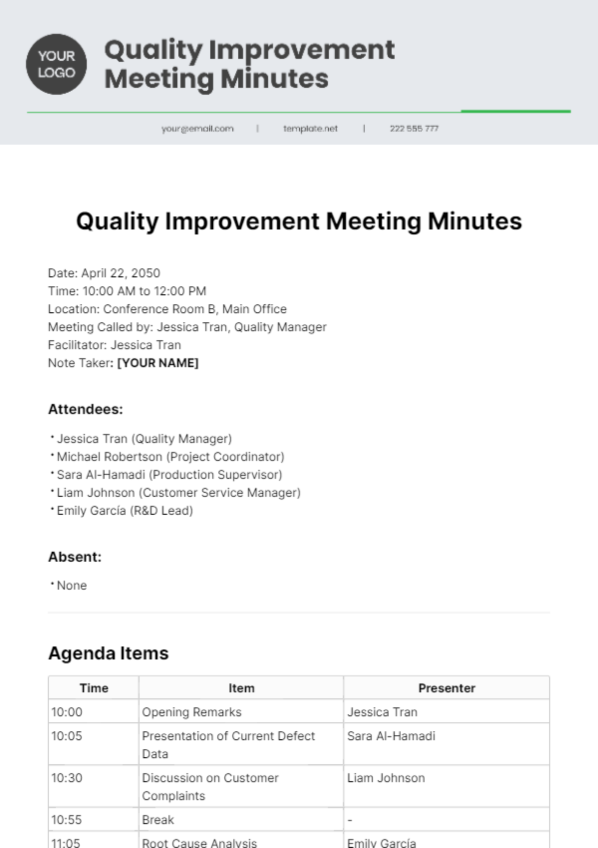 Quality Improvement Meeting Minutes Template - Edit Online & Download