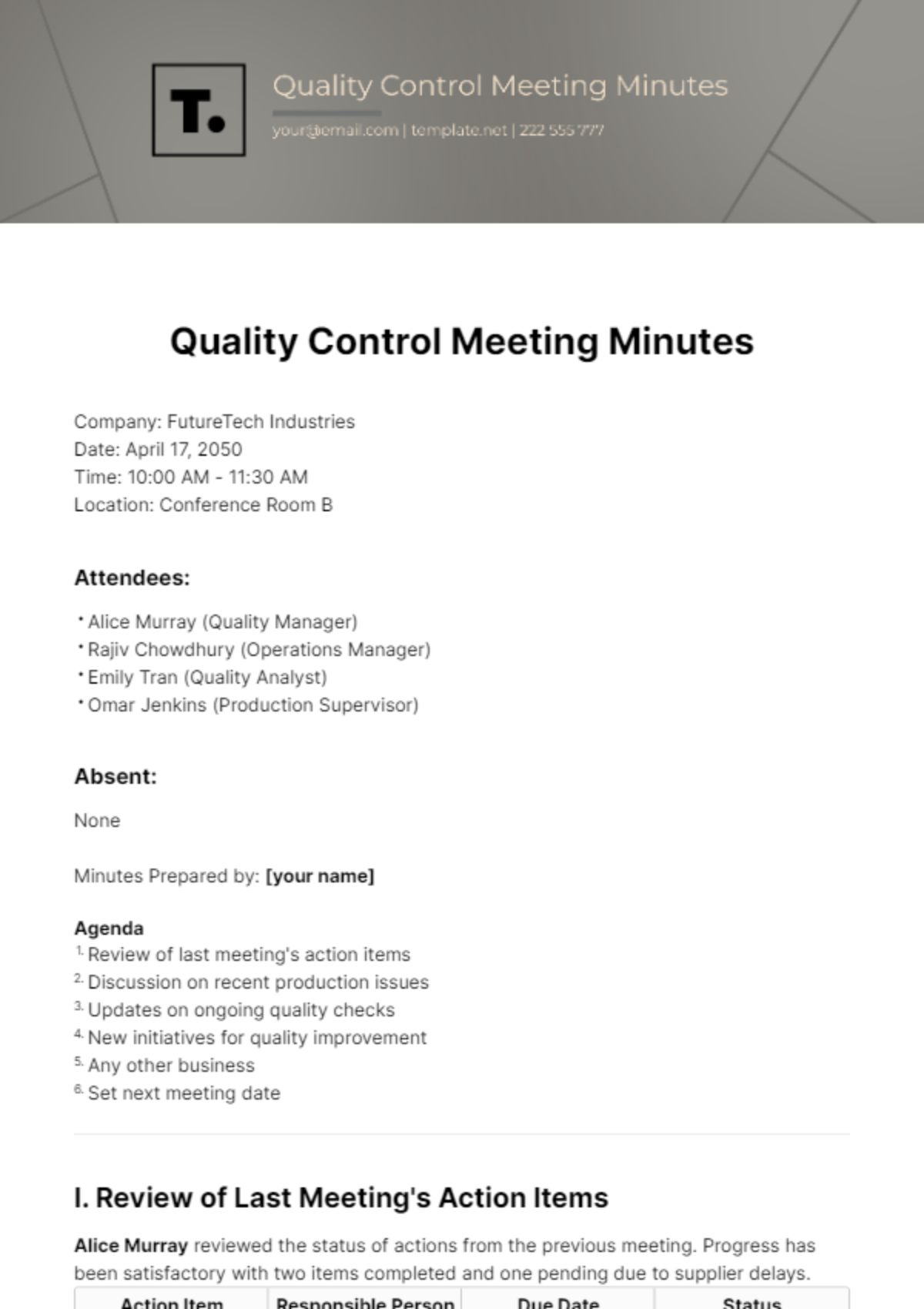 Quality Control Meeting Minutes Template - Edit Online & Download