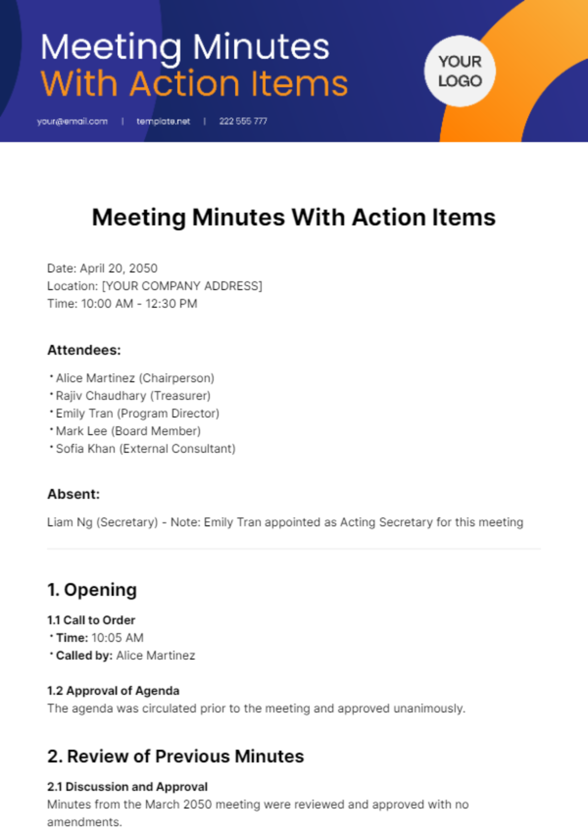 Meeting Minutes With Action Items Template