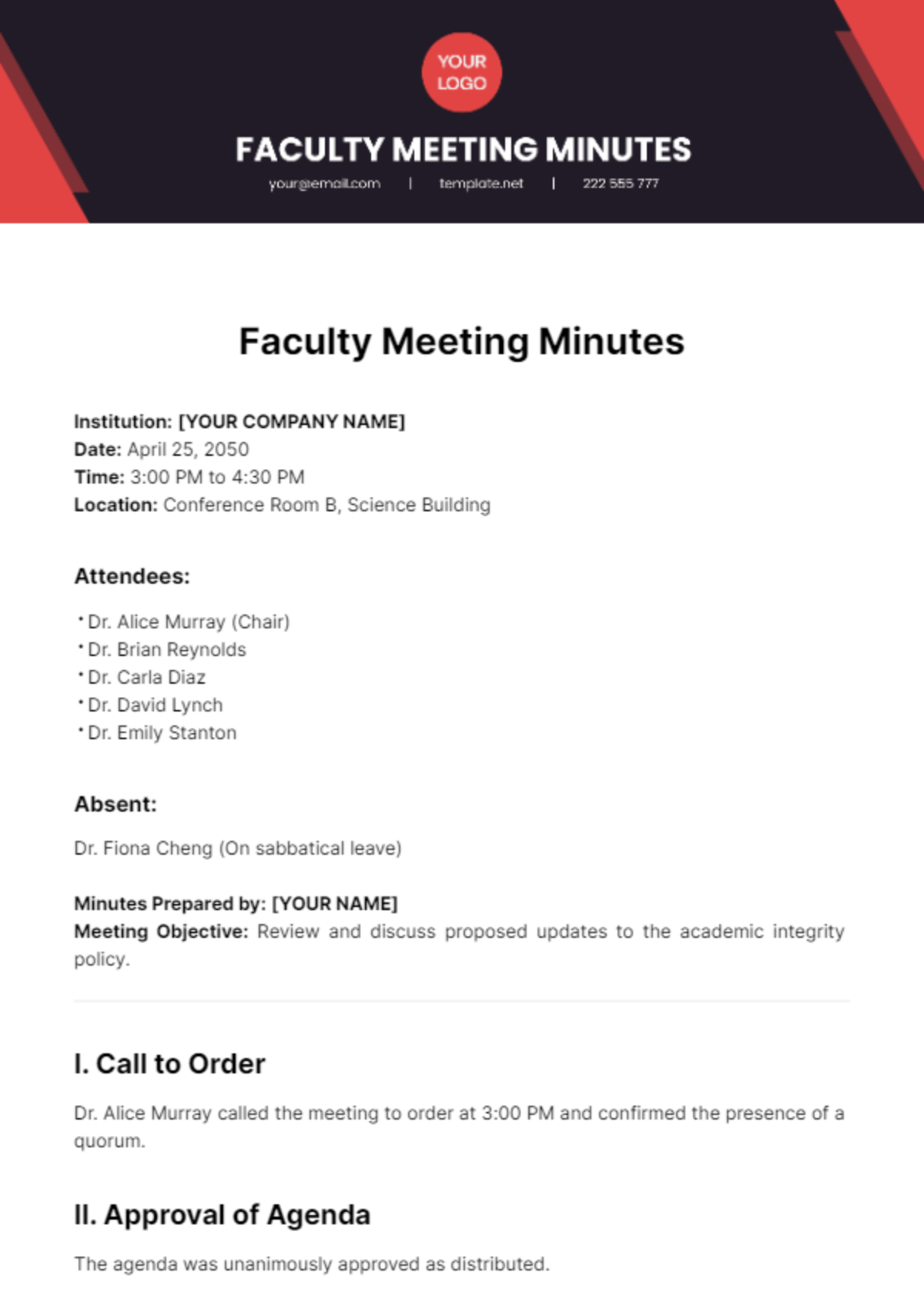 Faculty Meeting Minutes Template - Edit Online & Download