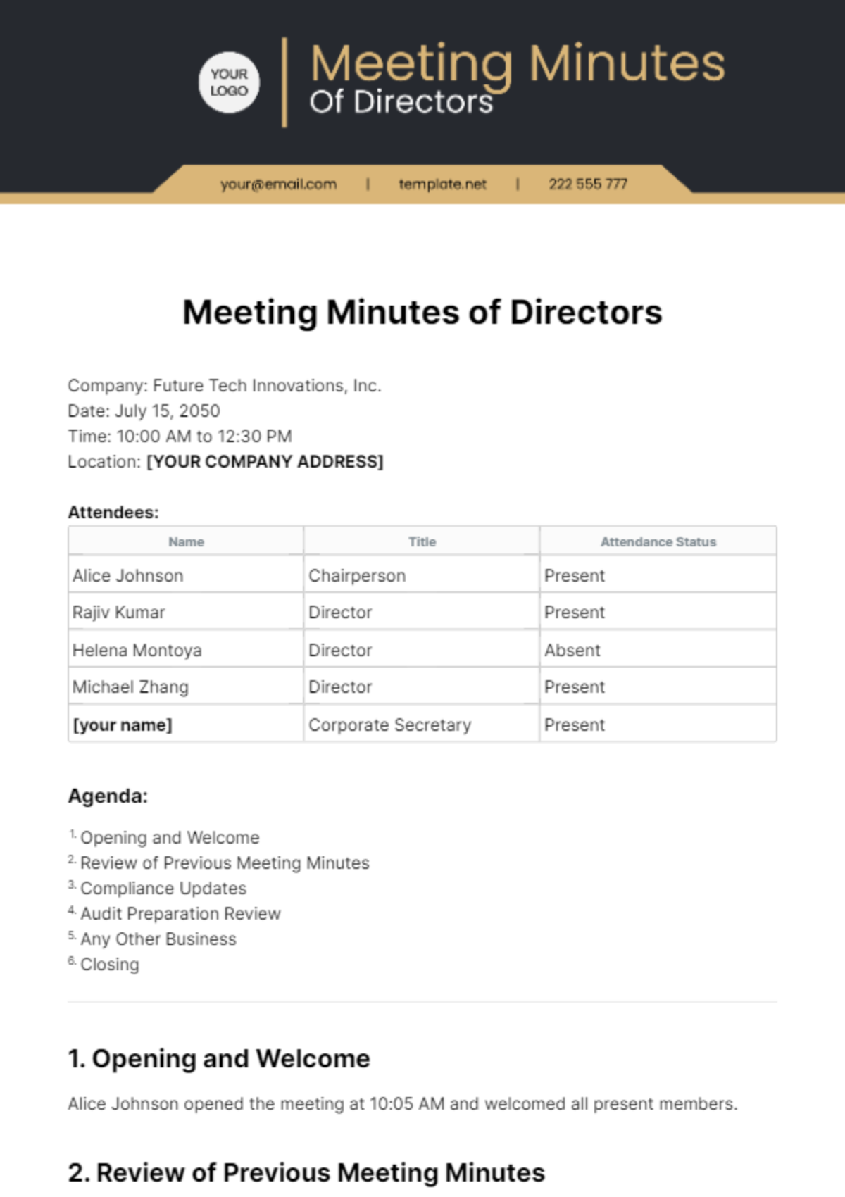 Meeting Minutes Of Directors Template