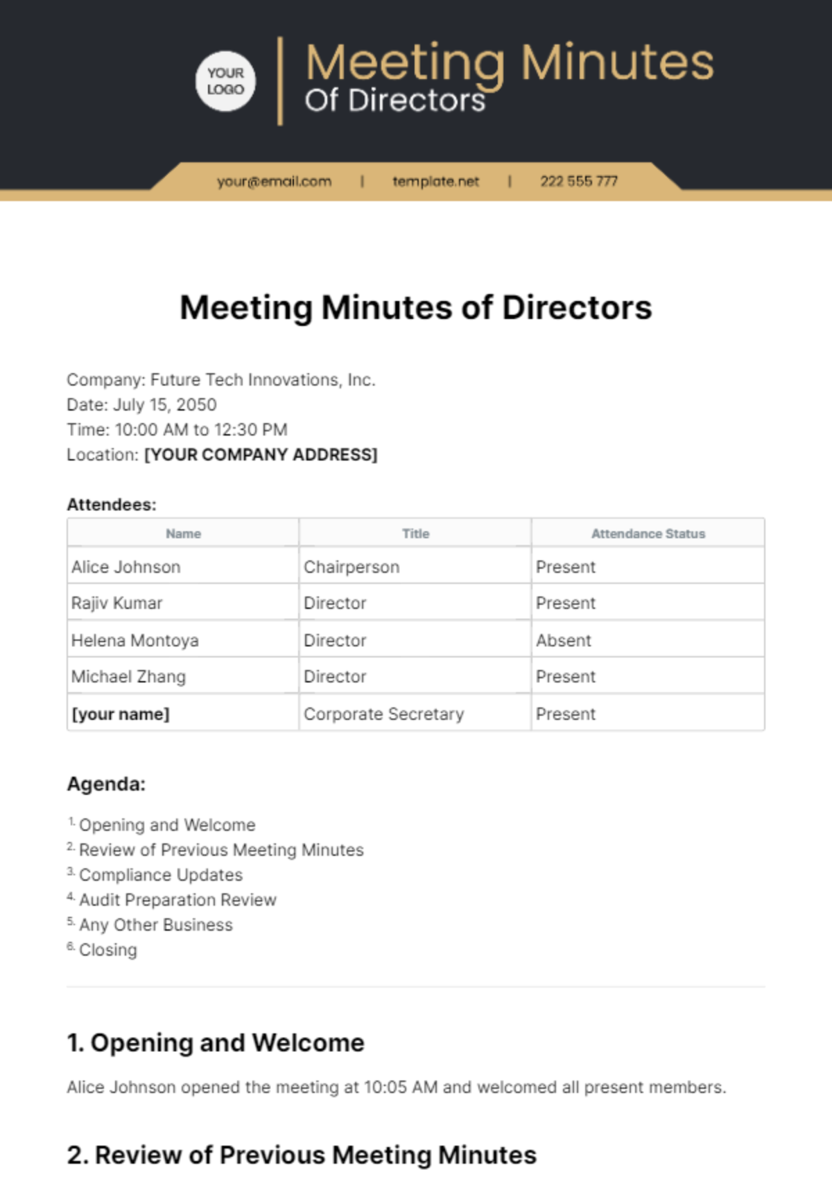 Meeting Minutes Of Directors Template - Edit Online & Download