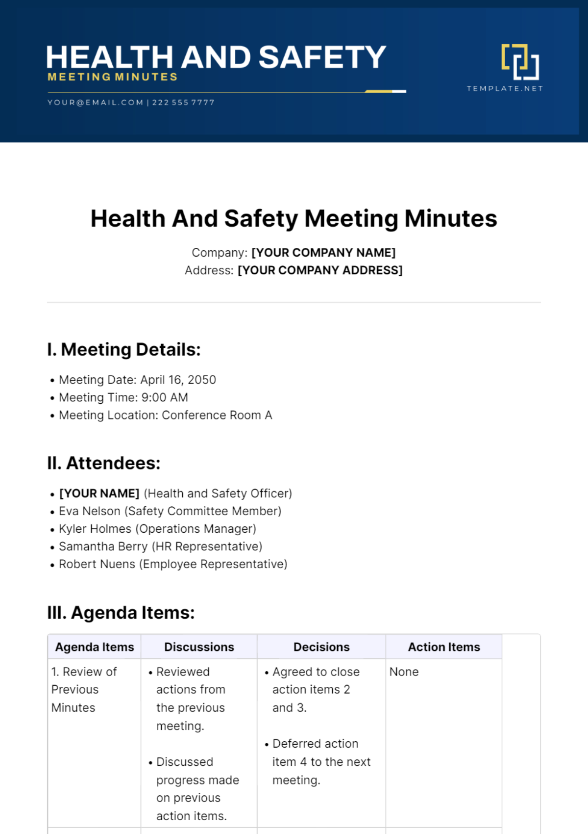 Health And Safety Meeting Minutes Template