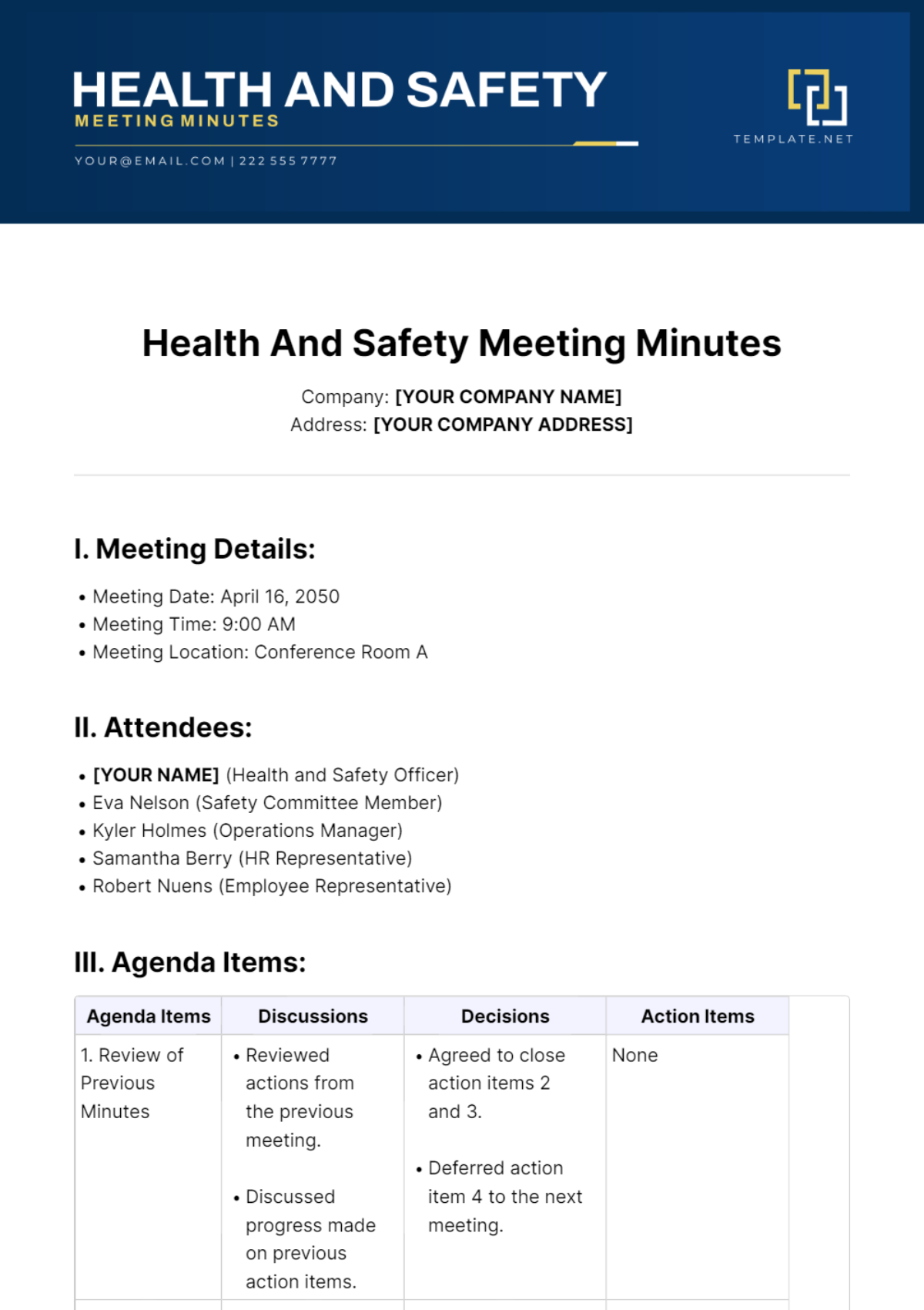 Health And Safety Meeting Minutes Template - Edit Online & Download