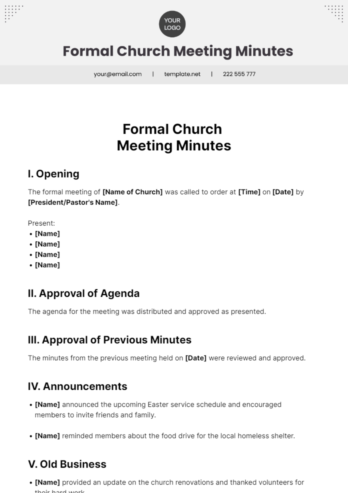 Formal Church Meeting Minutes Template