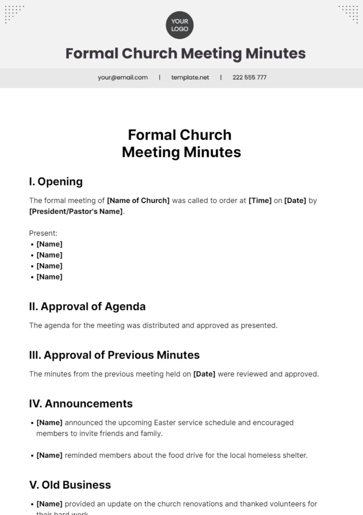 Formal Church Meeting Minutes Template - Edit Online & Download