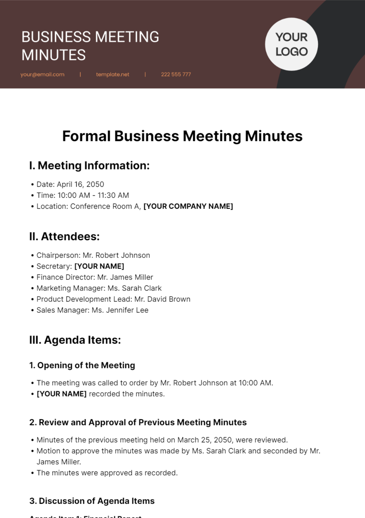 Formal Business Meeting Minutes Template