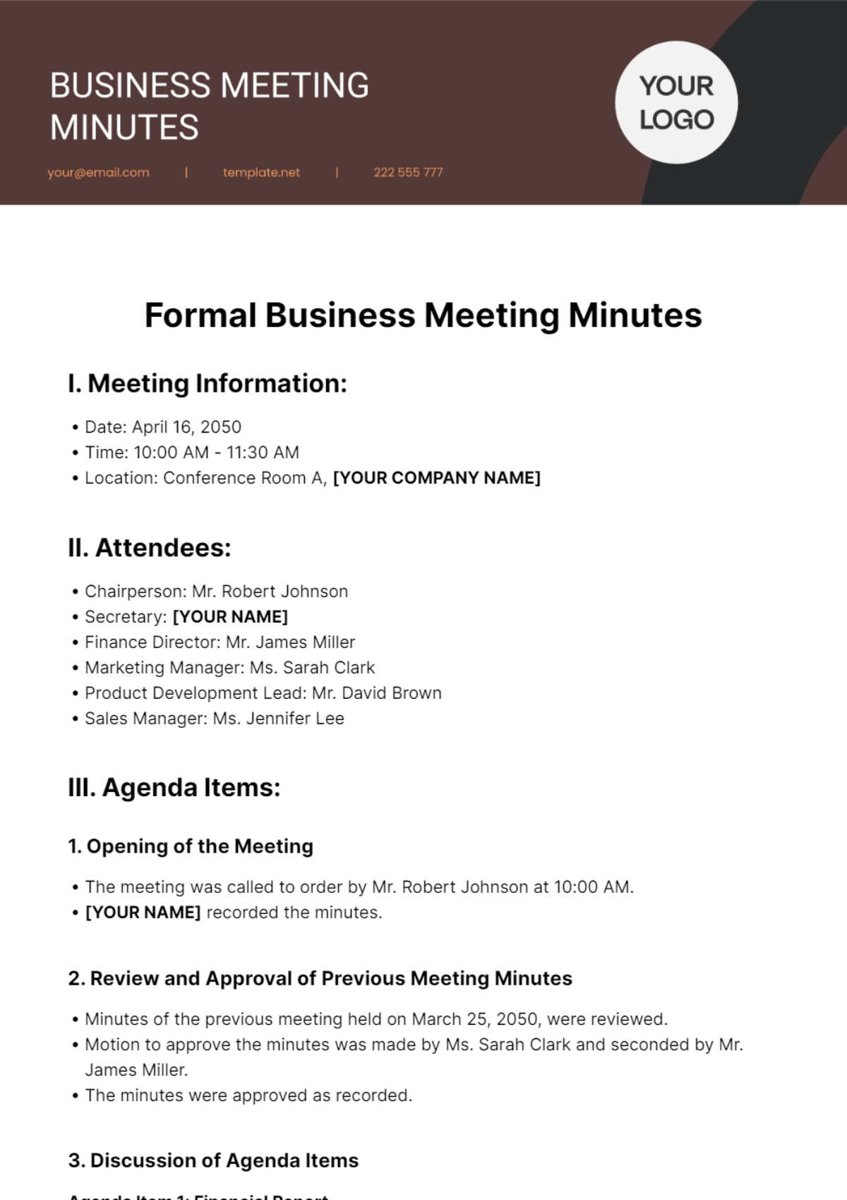 Formal Business Meeting Minutes Template - Edit Online & Download