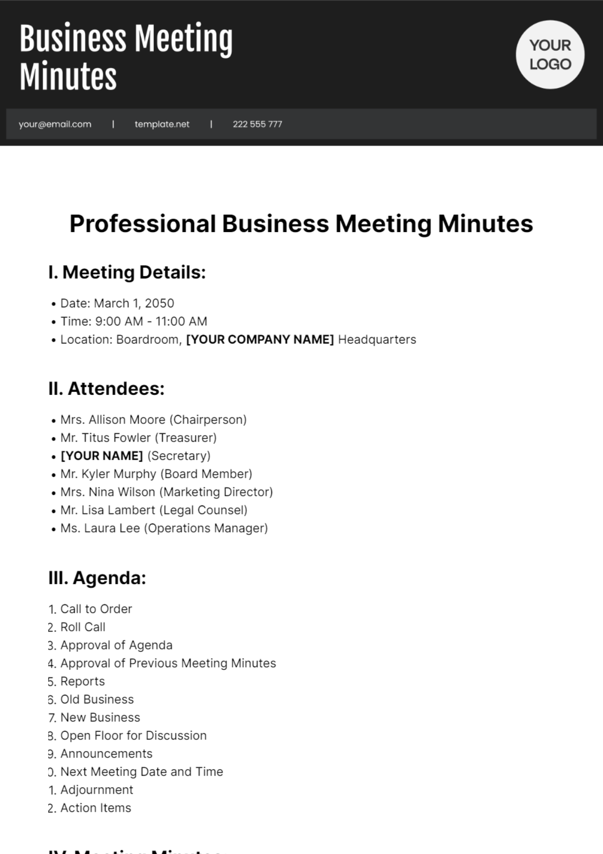 Professional Business Meeting Minutes Template