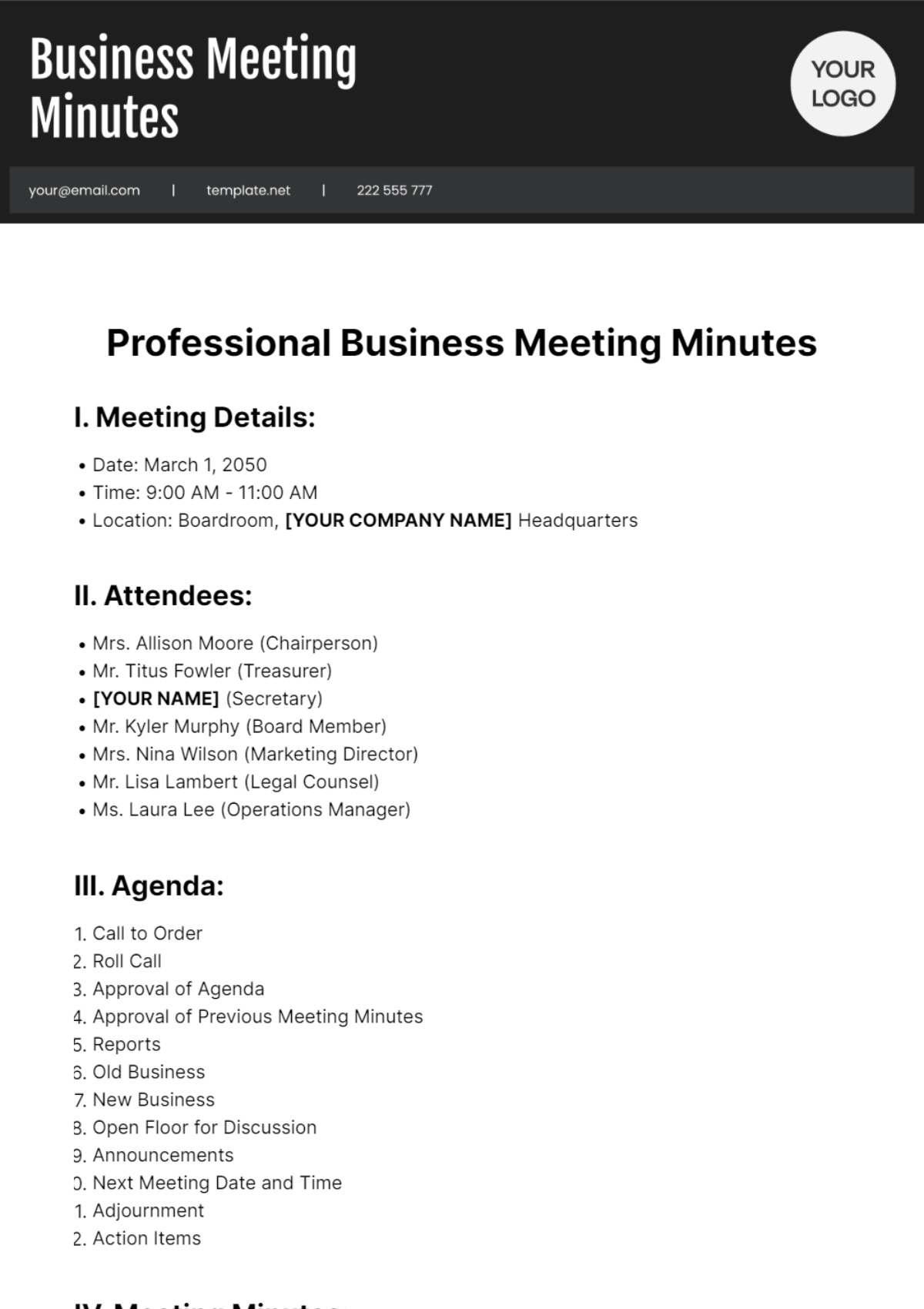 Professional Business Meeting Minutes Template - Edit Online & Download