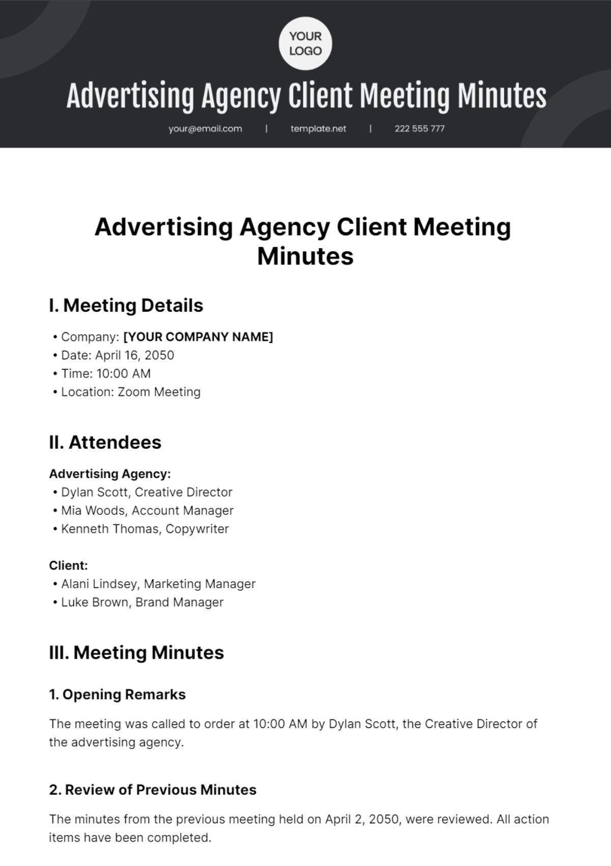 Advertising Agency Client Meeting Minutes Template