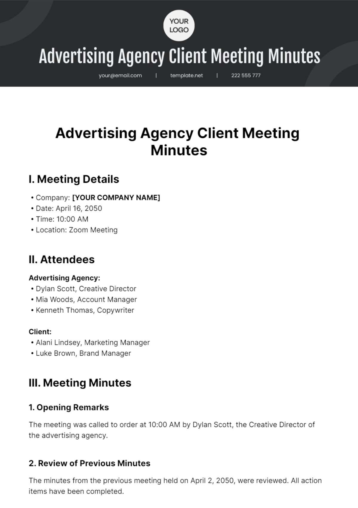 Advertising Agency Client Meeting Minutes Template - Edit Online & Download