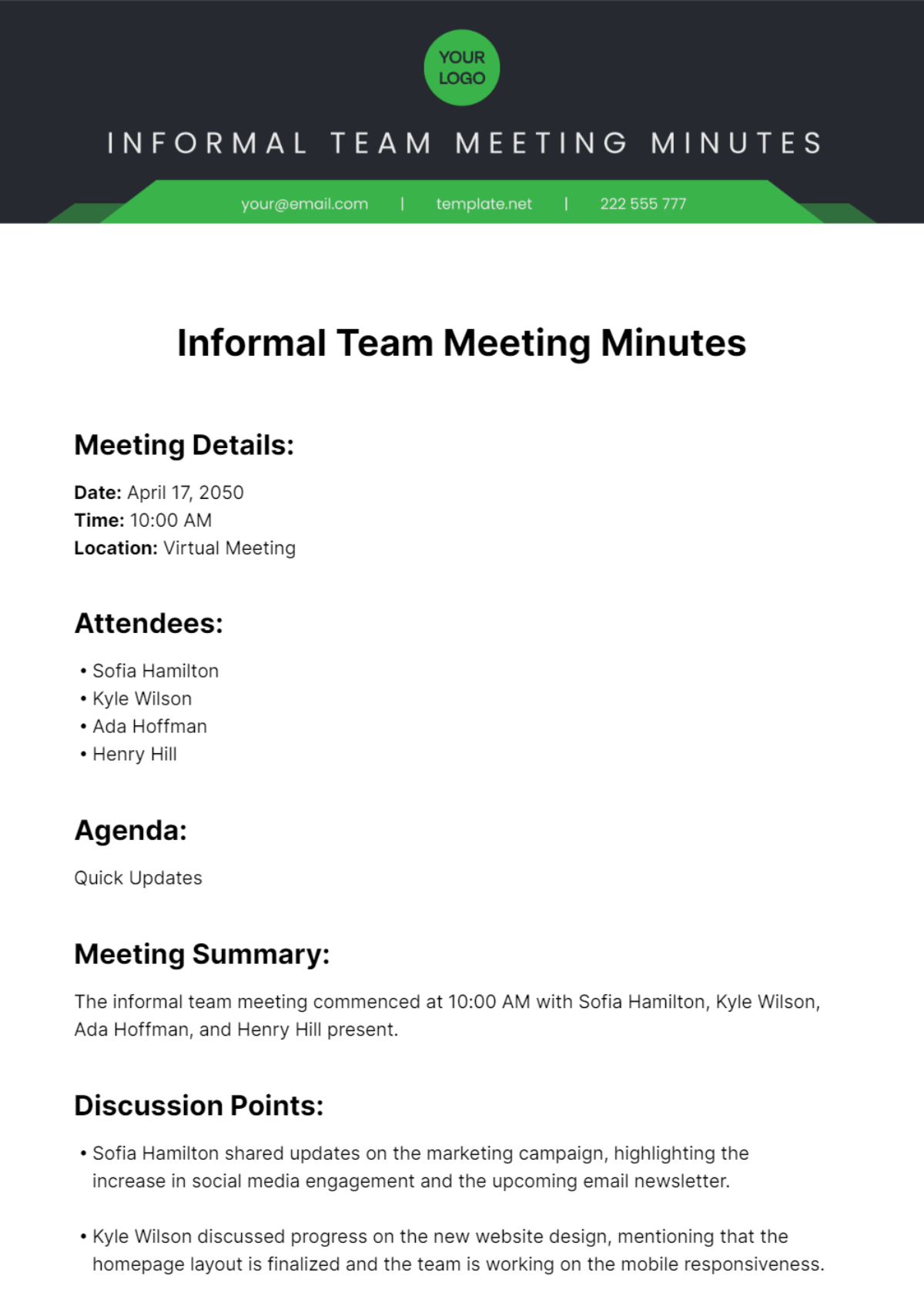 Informal Team Meeting Minutes Template