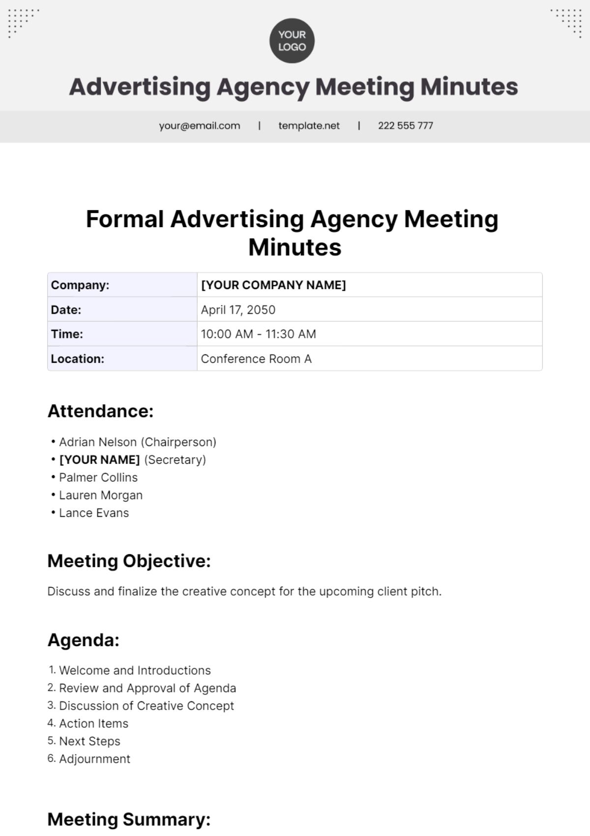 Formal Advertising Agency Meeting Minutes Template