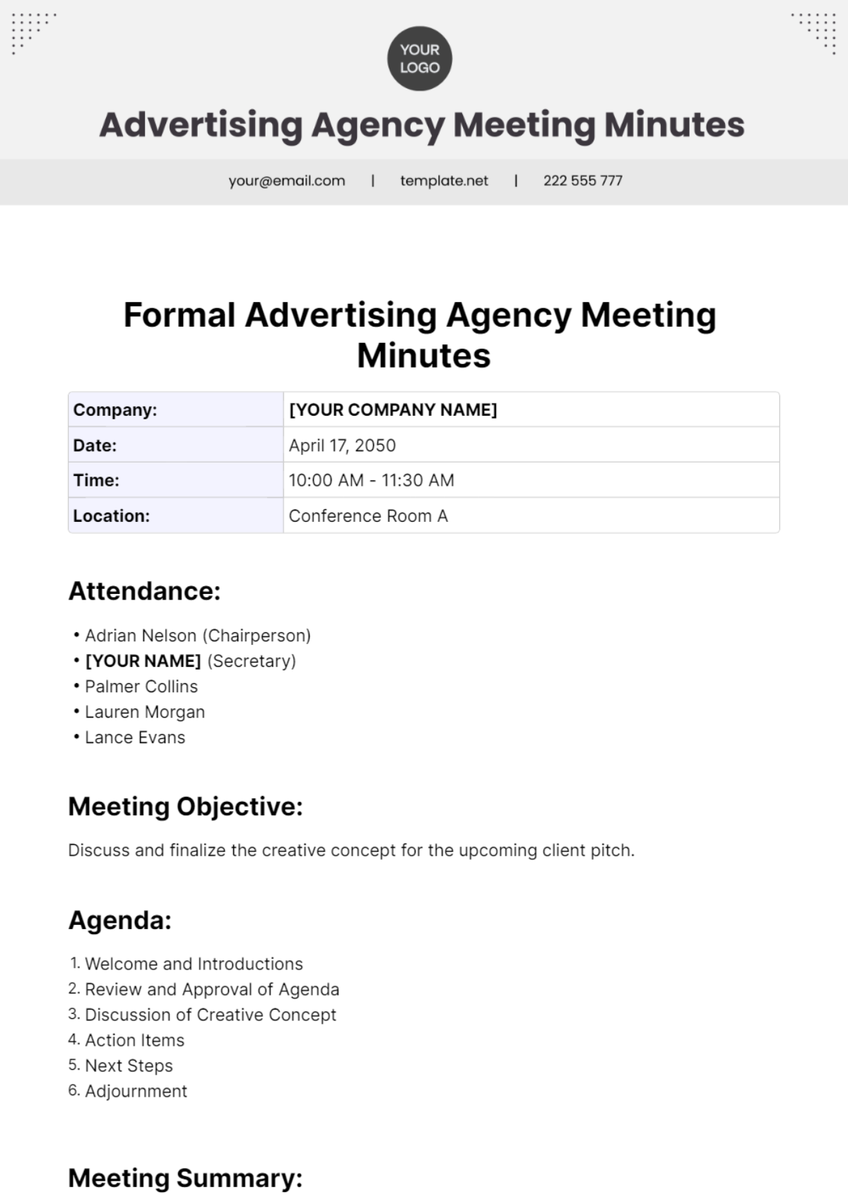 Formal Advertising Agency Meeting Minutes Template - Edit Online & Download