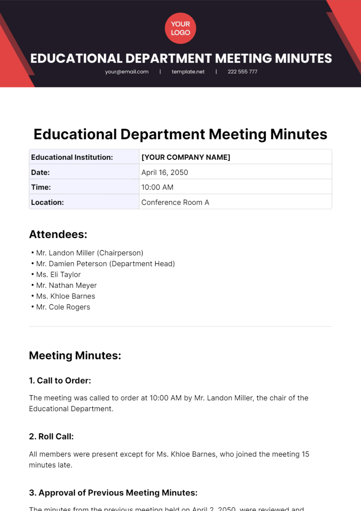 Educational Department Meeting Minutes Template