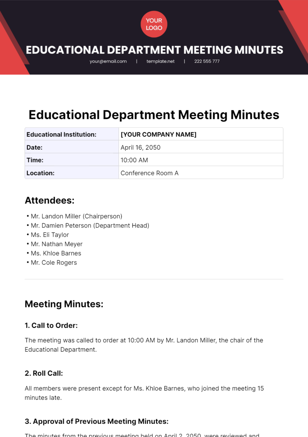 Educational Department Meeting Minutes Template - Edit Online & Download