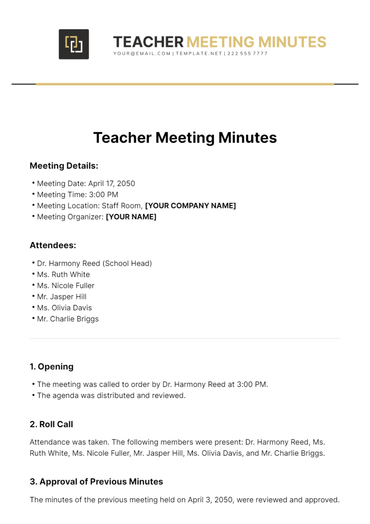 Teacher Meeting Minutes Template