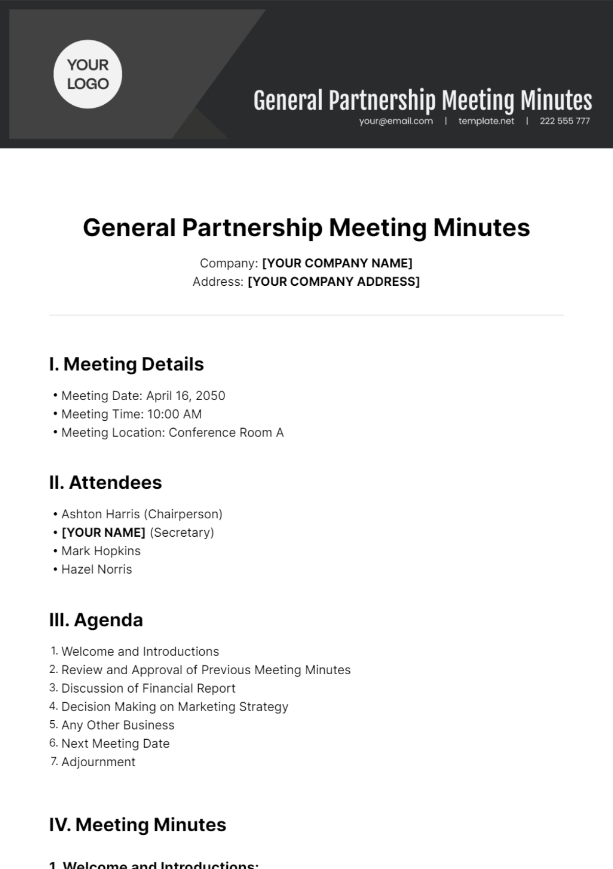 General Partnership Meeting Minutes Template