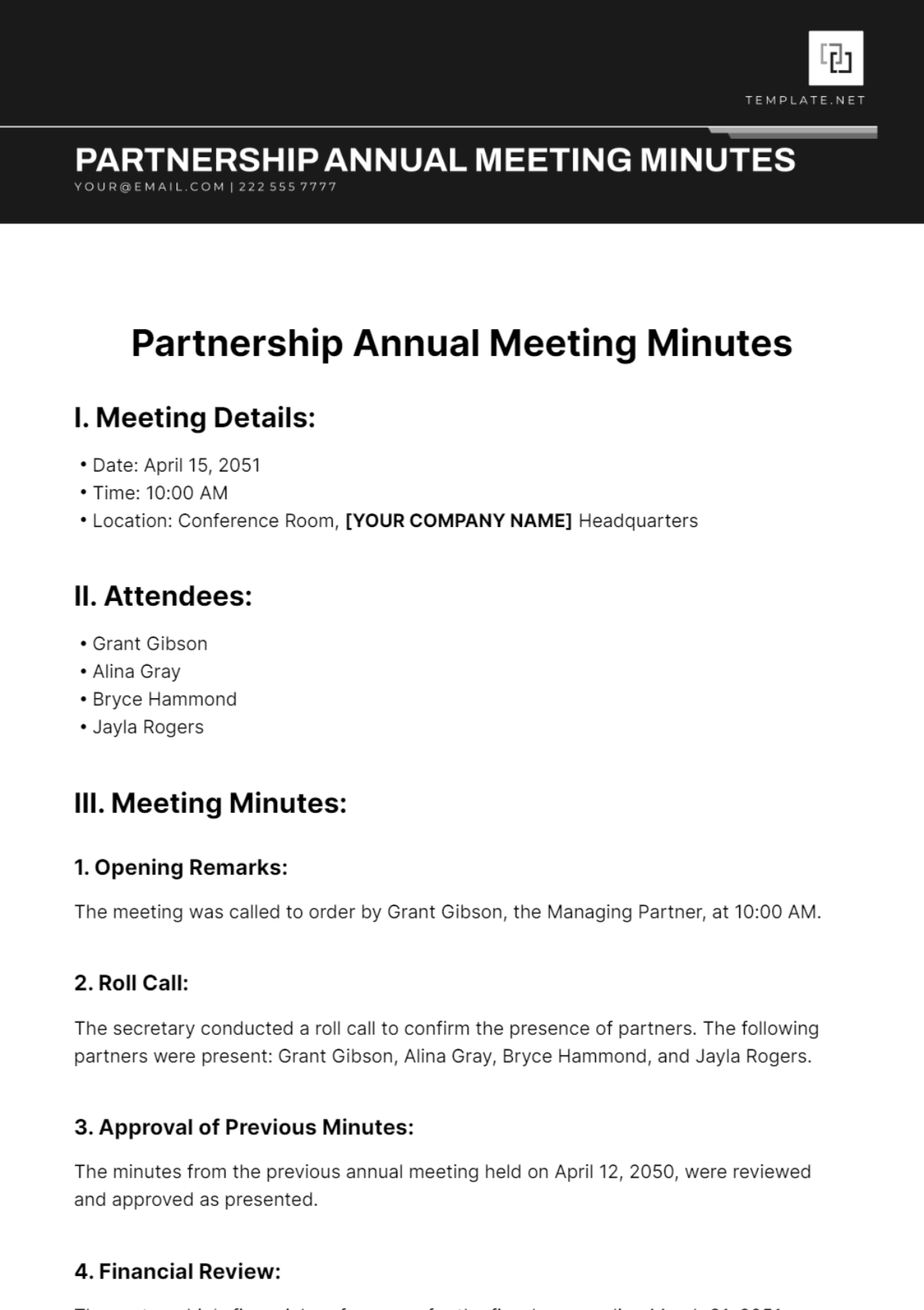 Partnership Annual Meeting Minutes Template