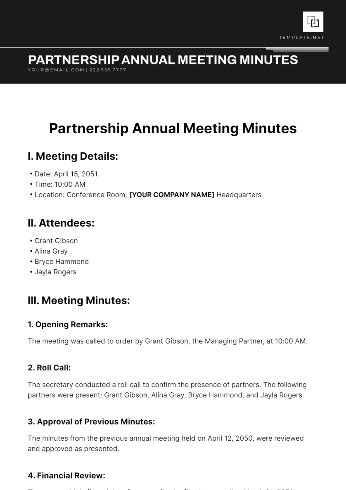 Partnership Annual Meeting Minutes Template - Edit Online & Download