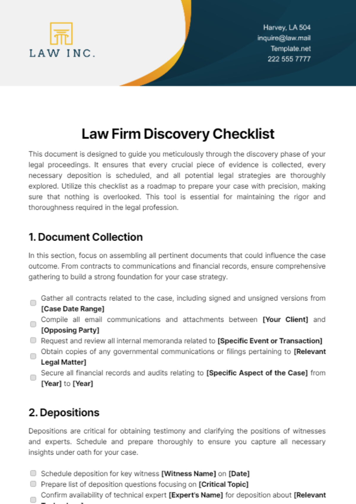 Law Firm Discovery Checklist Template