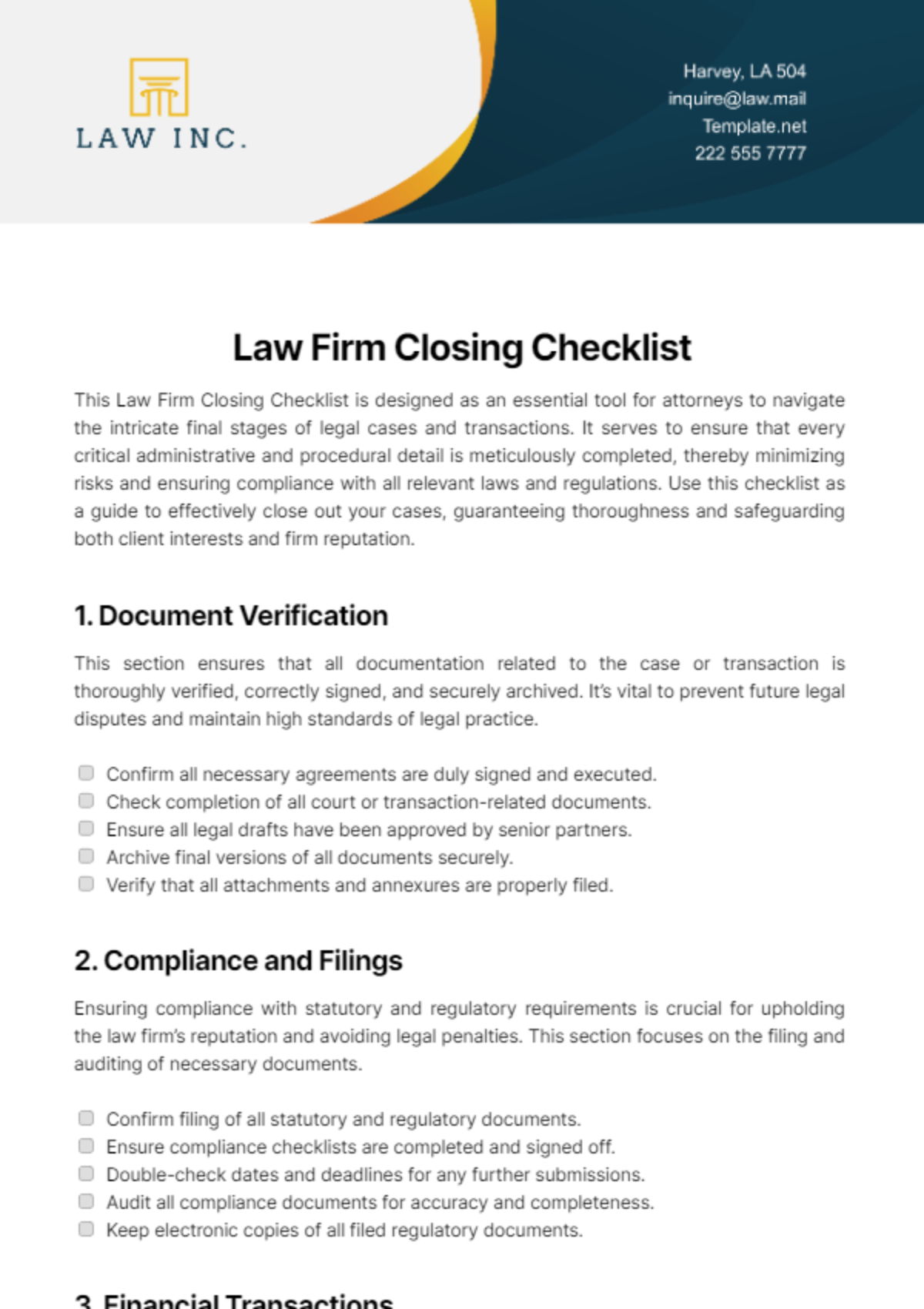 Law Firm Closing Checklist Template