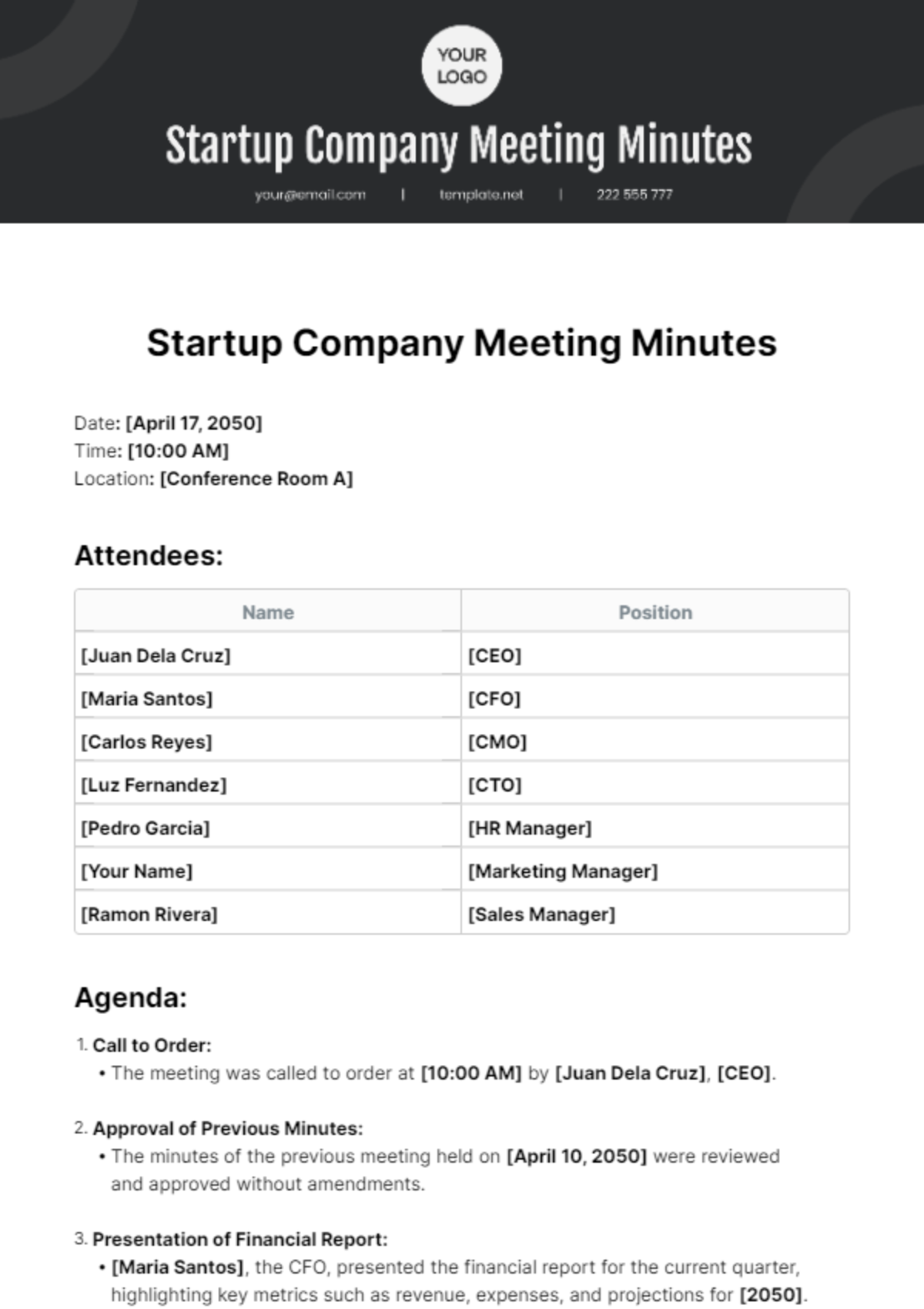 Startup Company Meeting Minutes Template