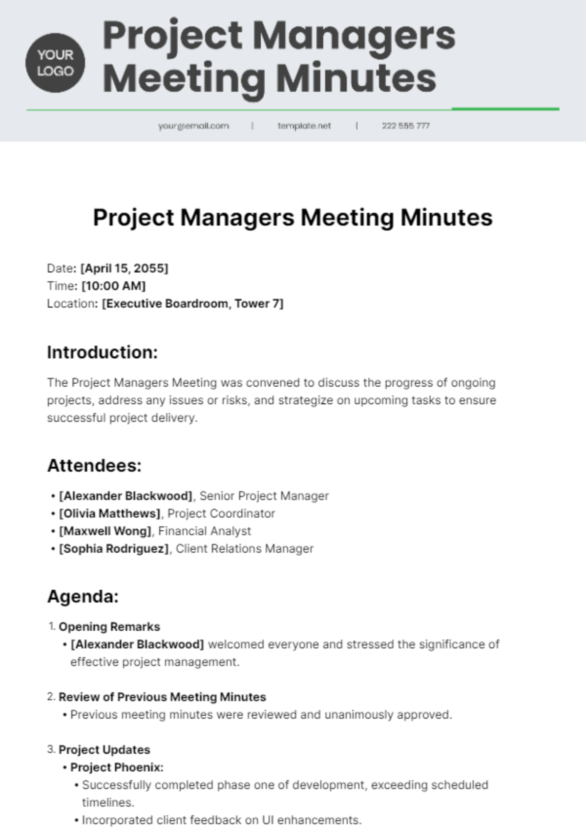 Project Managers Meeting Minutes Template