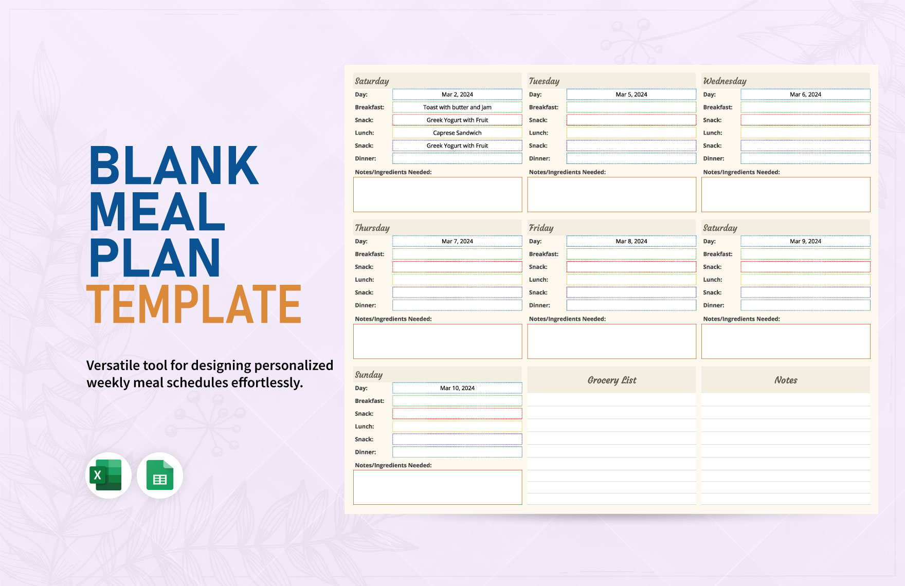 Blank Meal Plan Template in Excel, Google Sheets