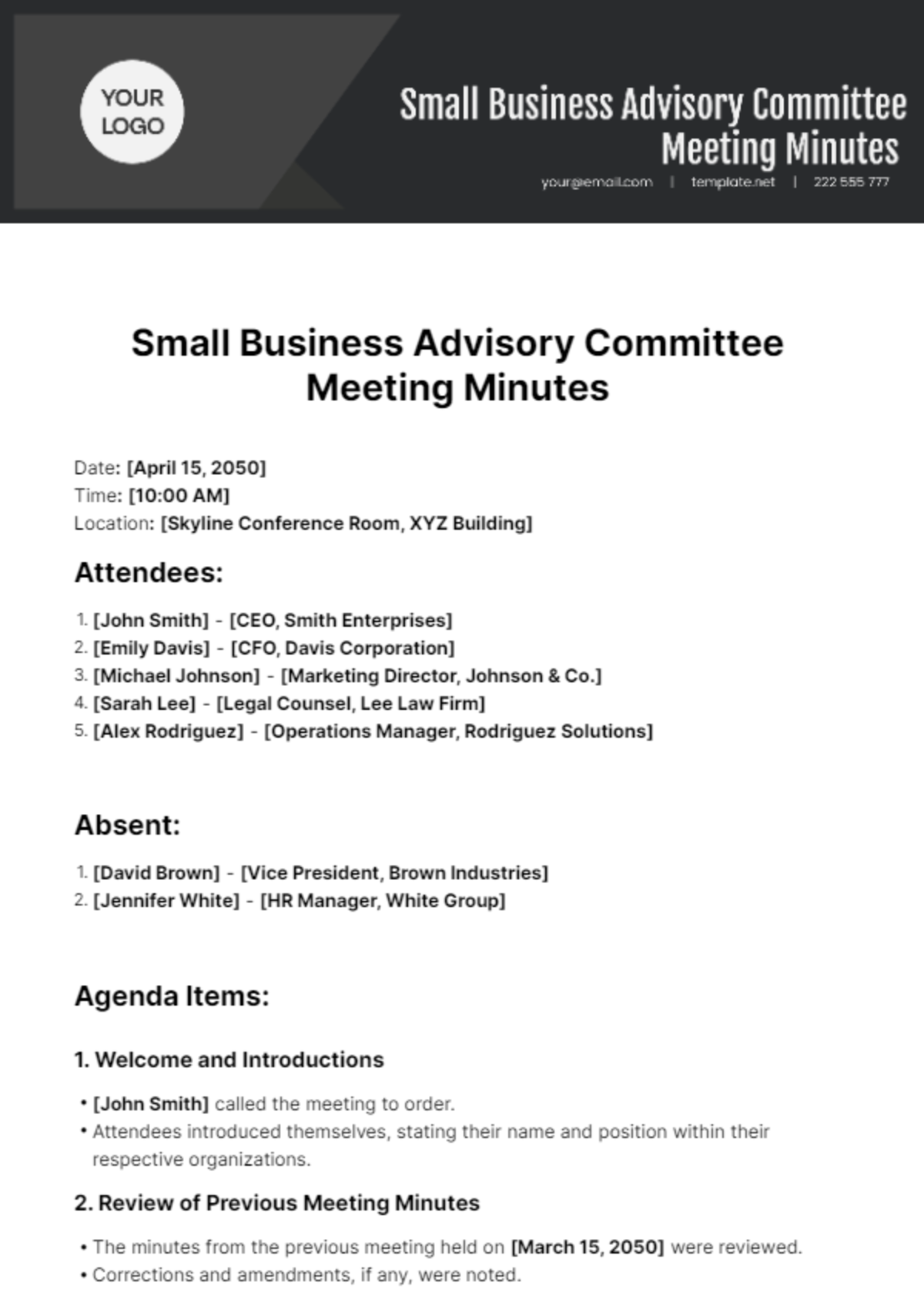 Small Business Advisory Committee Meeting Minutes Template