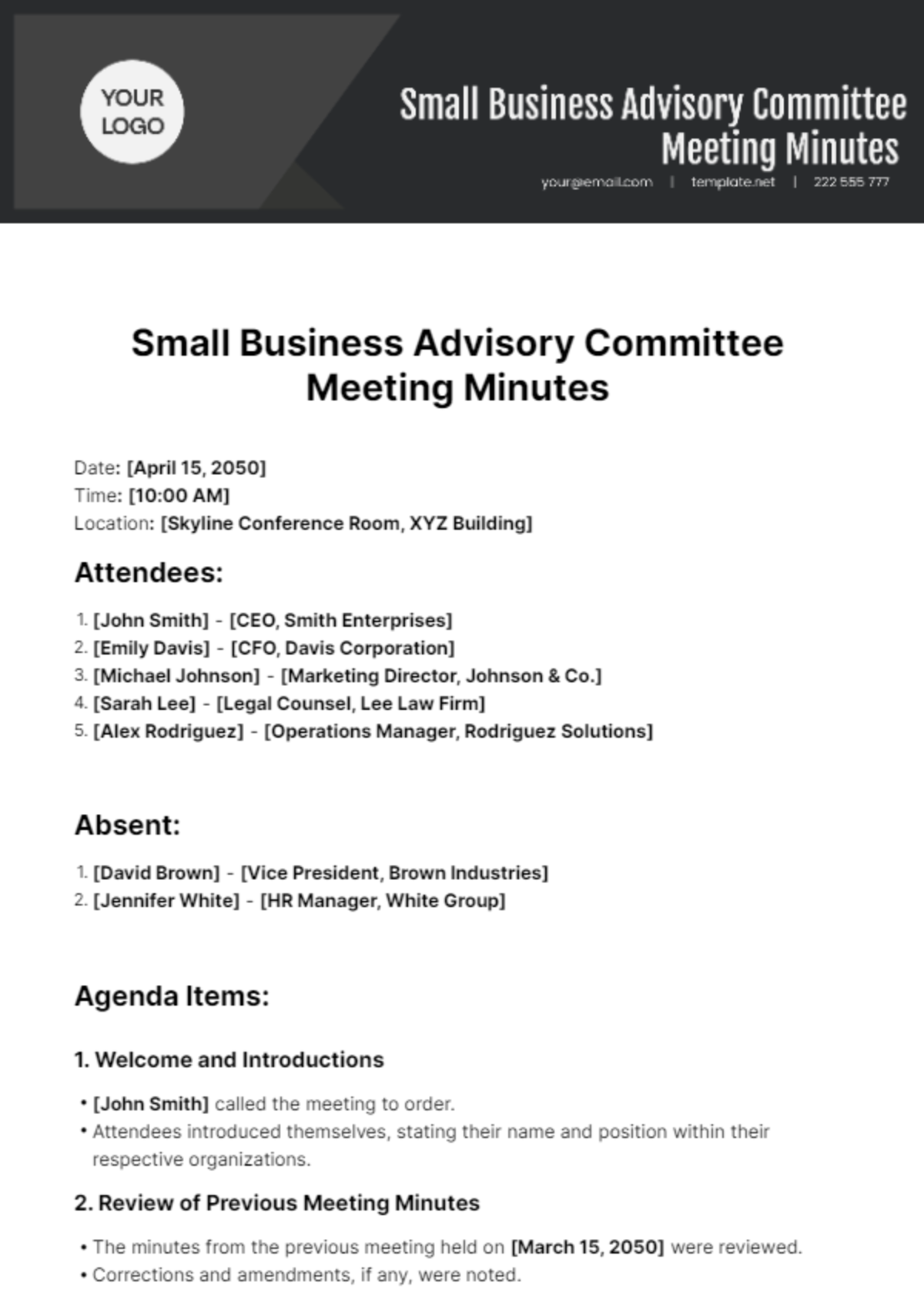 Small Business Advisory Committee Meeting Minutes Template - Edit Online & Download