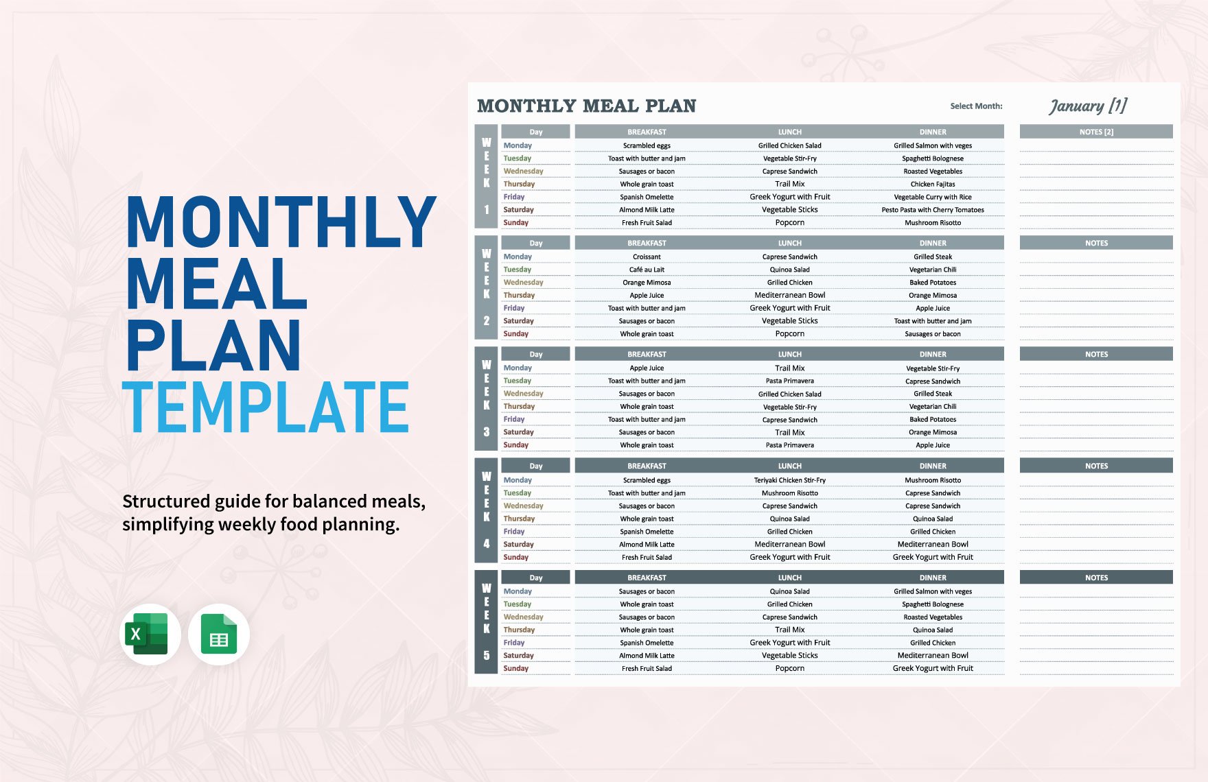 Monthly Meal Plan Template in Excel, Google Sheets