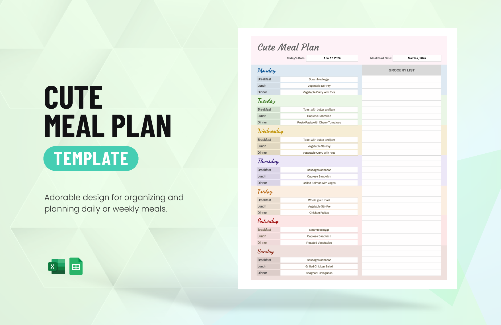 Cute Meal Plan Template in Excel, Google Sheets