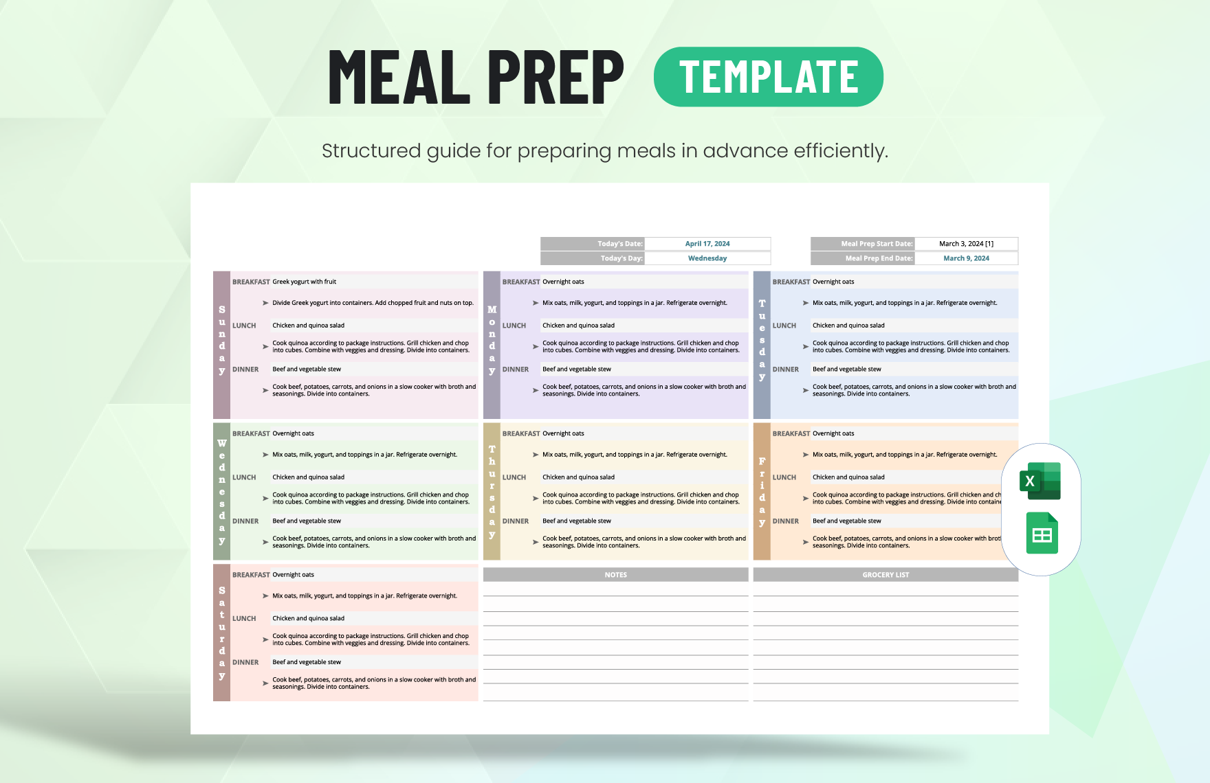 Meal Prep Template in Excel, Google Sheets