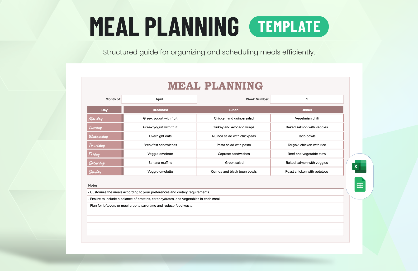 Meal Planning Template in Excel, Google Sheets
