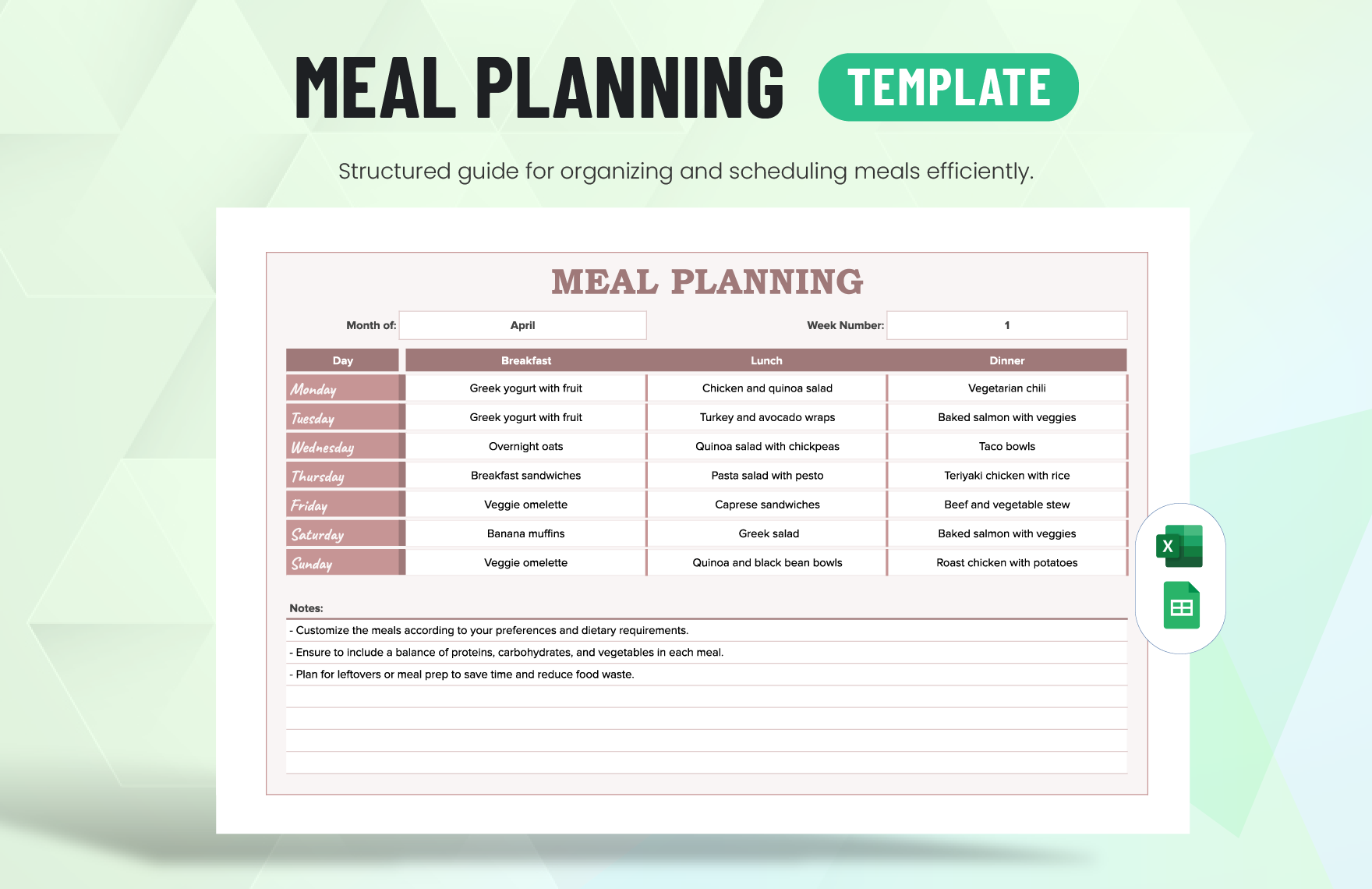 Free Editable Meal Plan Templates In Google Sheets To Download