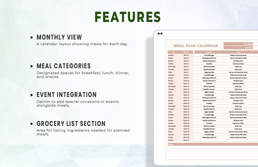Meal Plan Calendar Template