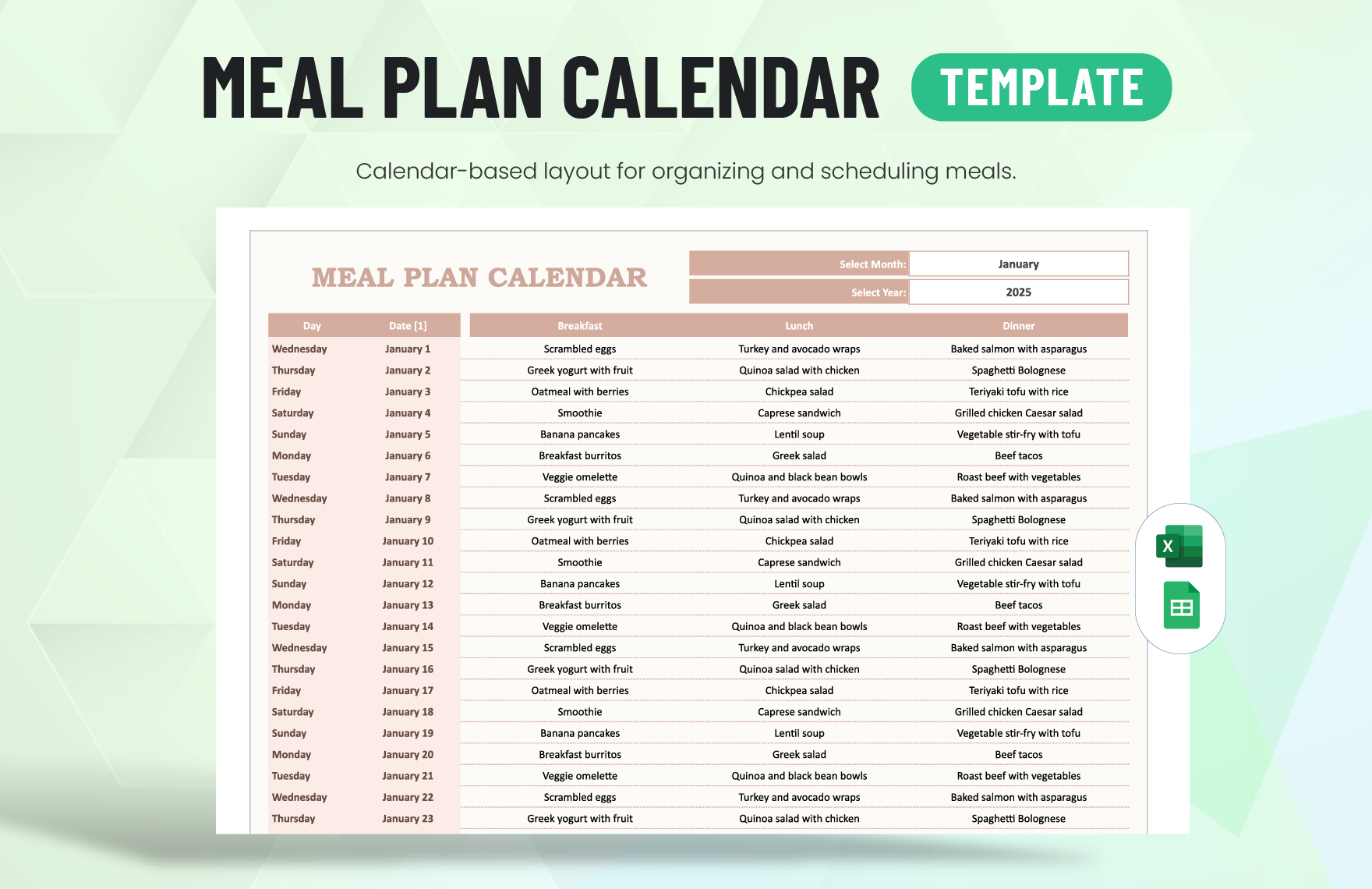 Meal Plan Calendar Template in Excel, Google Sheets