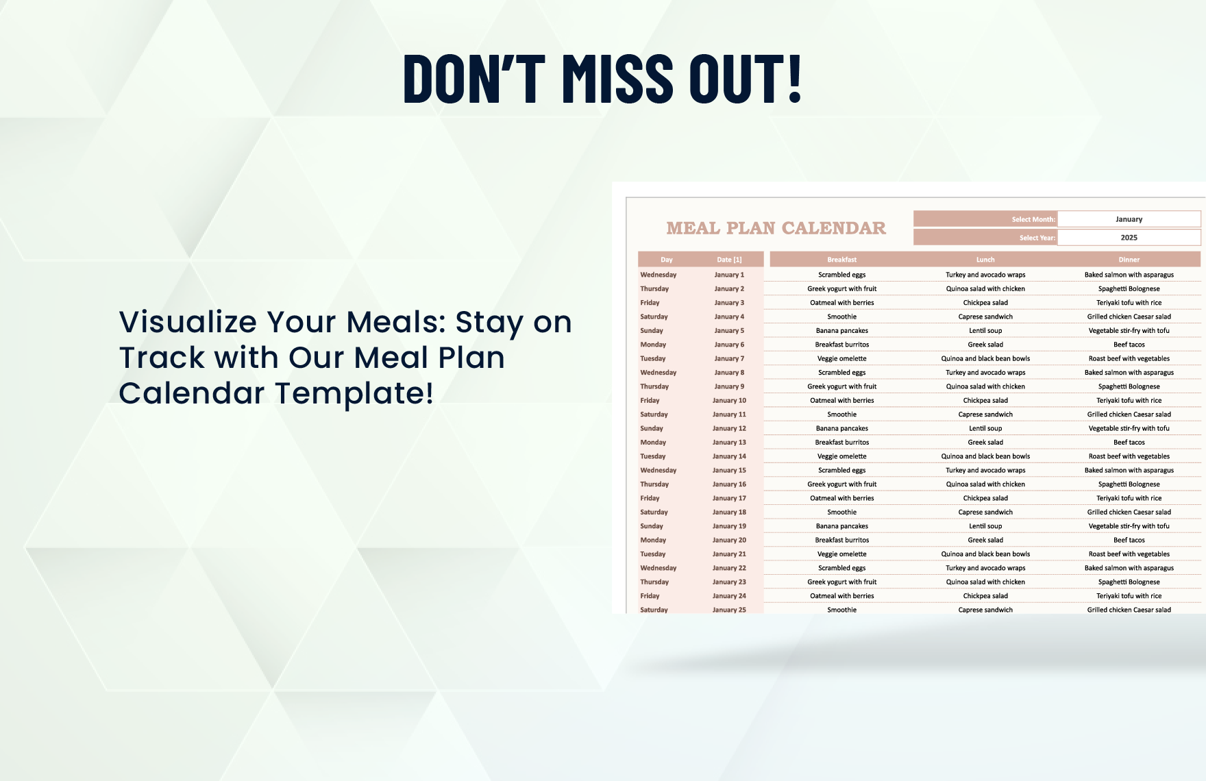 Meal Plan Calendar Template