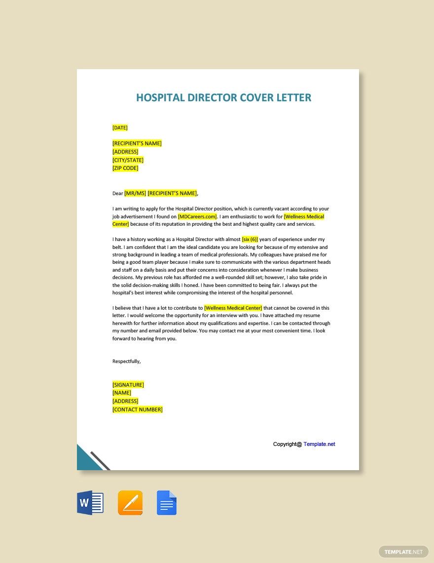 Hospital Director Cover Letter in Google Docs, Word, Pages, PDF - Download | Template.net